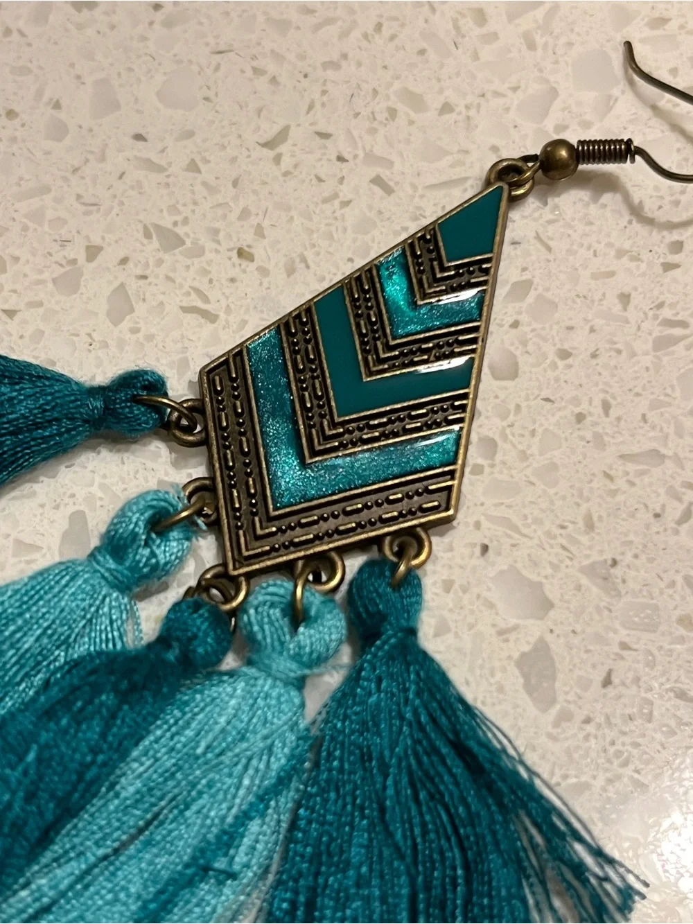 Boho Teal Chevron Tassel Drop Earrings